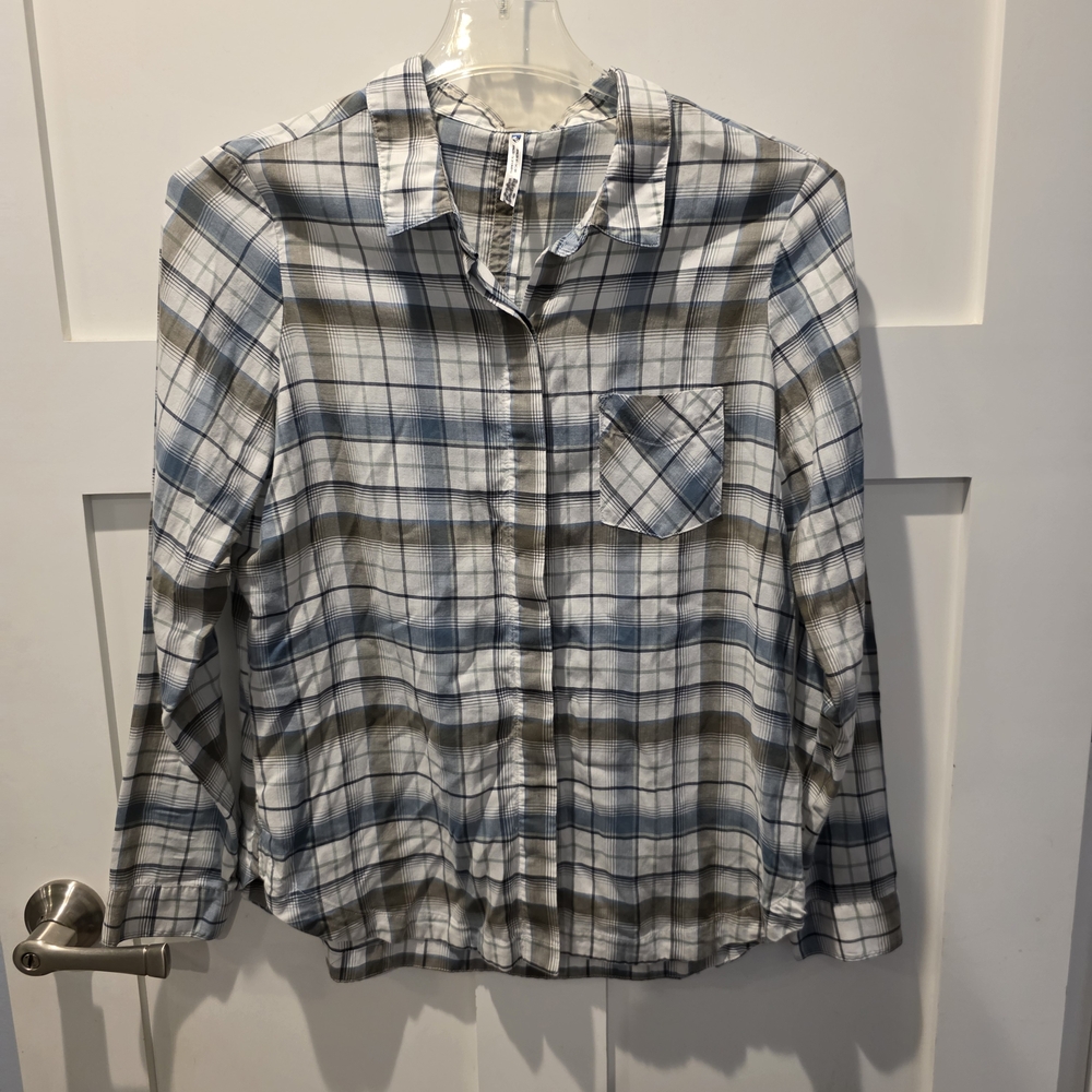Kuhl Women's Hadley Plaid Long Sleeve Hidden Brown White Blue Large Cabincore